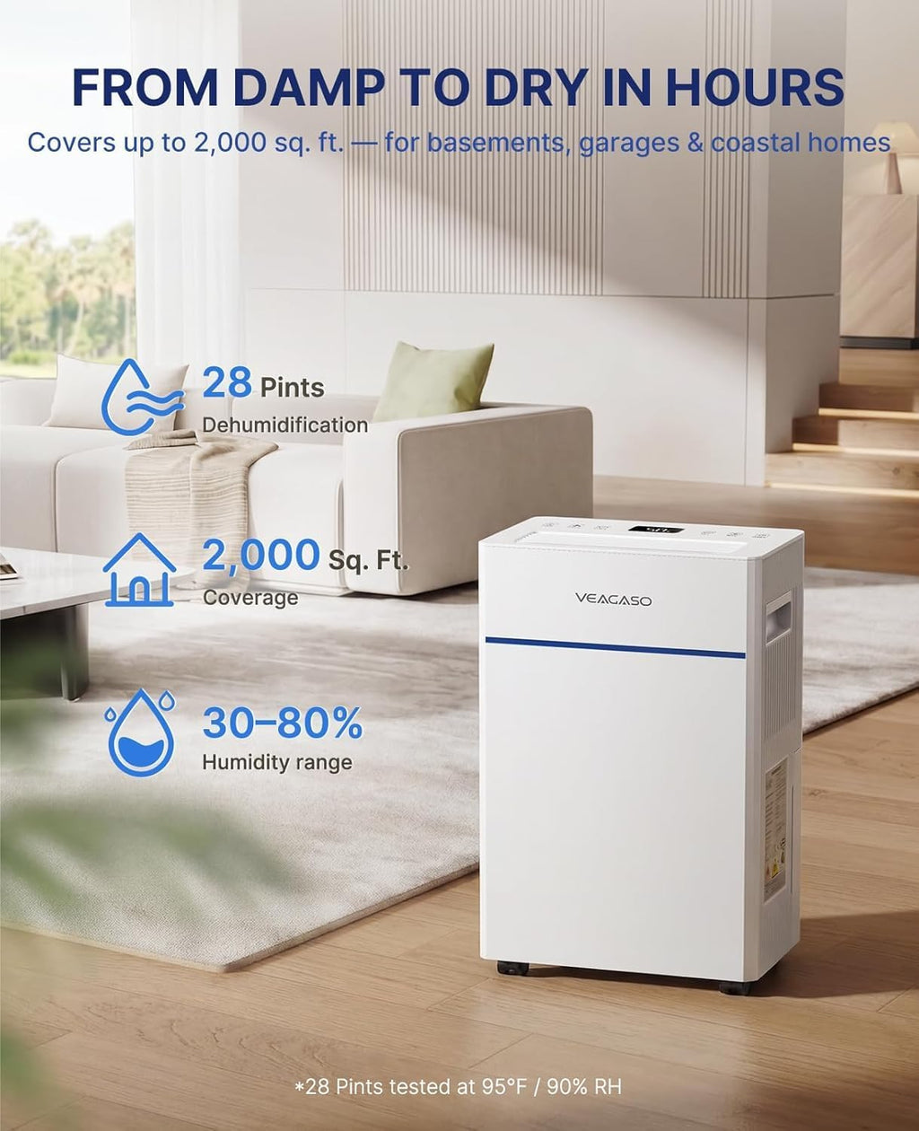 Dehumidifier for Basement, 28 Pints, 2000 Sq.Ft, 38dB Quiet mode 38dB quiet sleep mode, auto-defrost for cold