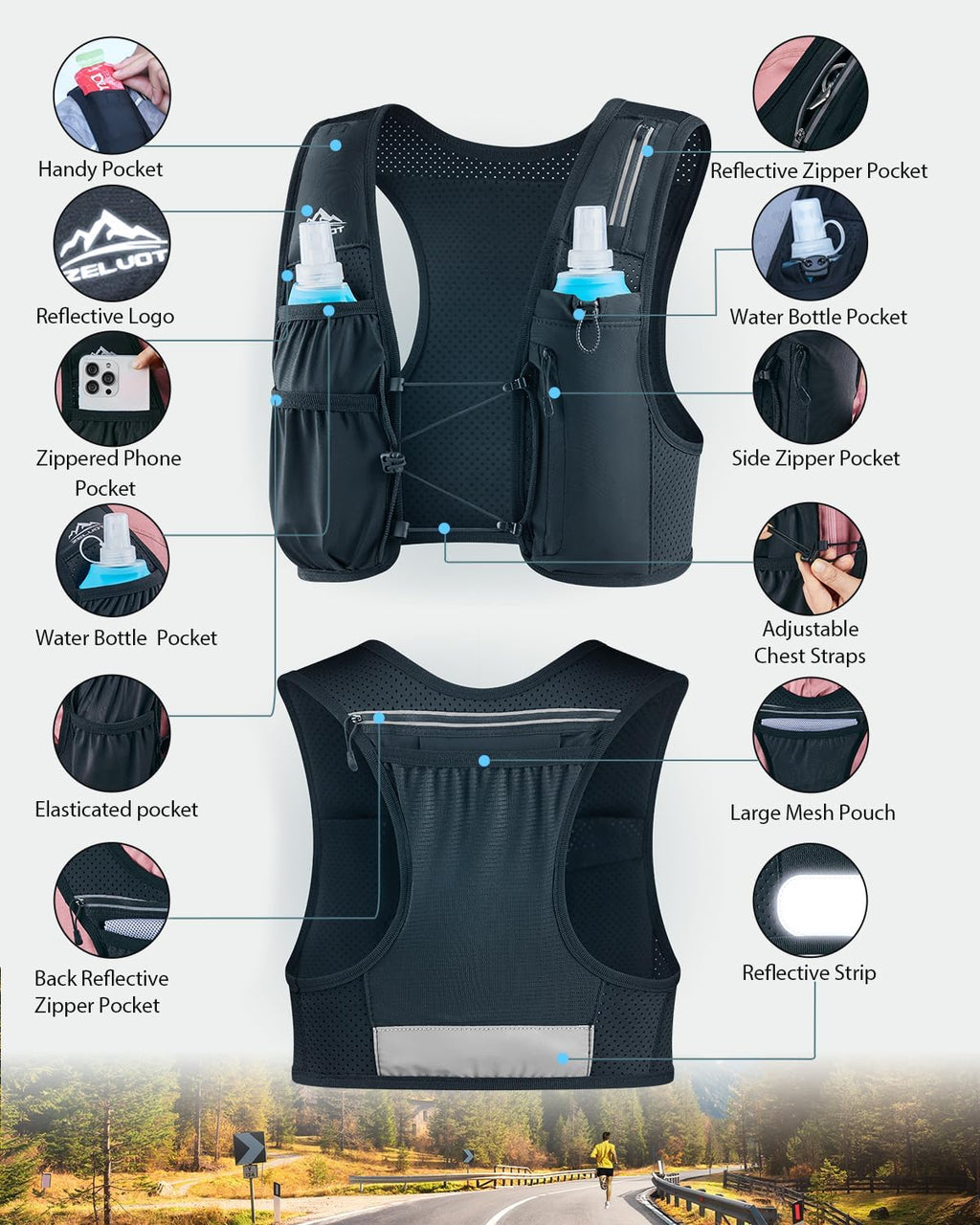 Running Vest for Women Men, US Patent, Adjustable Chest Straps Running Hydration Vest with 500ml Soft Flask