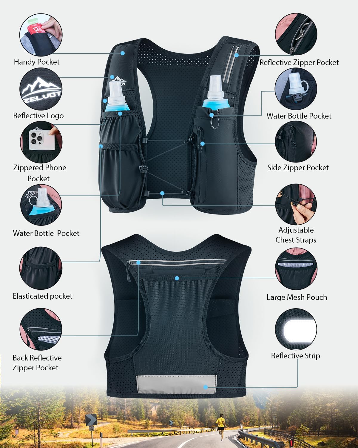 Running Vest for Women Men, US Patent, Adjustable Chest Straps Running Hydration Vest with 500ml Soft Flask
