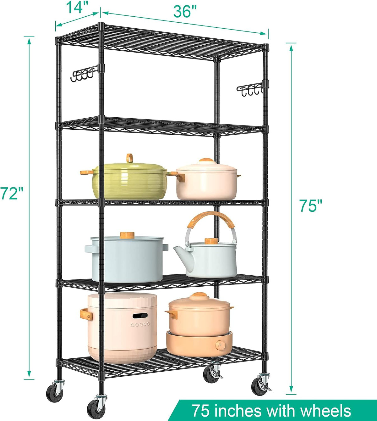 5-Tier Rolling Storage Shelf with Wheels, Metal Wire Shelving Unit