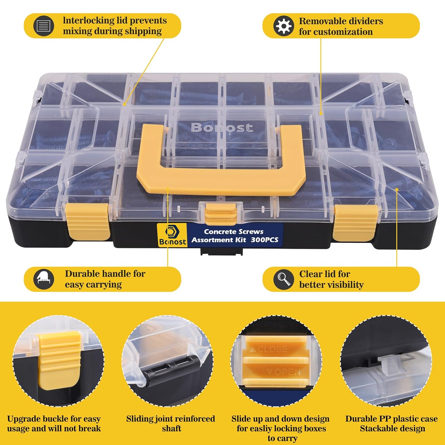 Hardware Concrete Assortment Kit 1625 Pcs- Concrete Screw Set with Assorted Nuts, Bolts, and Wood Screw (3 Trays)