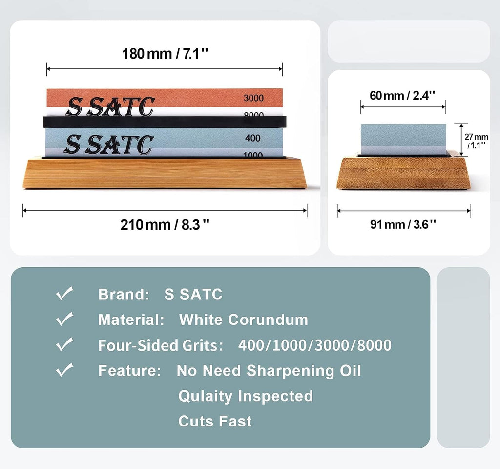 Knife Sharpening Stone Whetstone 4 Side Grit 400/1000 3000/8000 Stone Knife Sharpeners with Nonslip Rubber Bases
