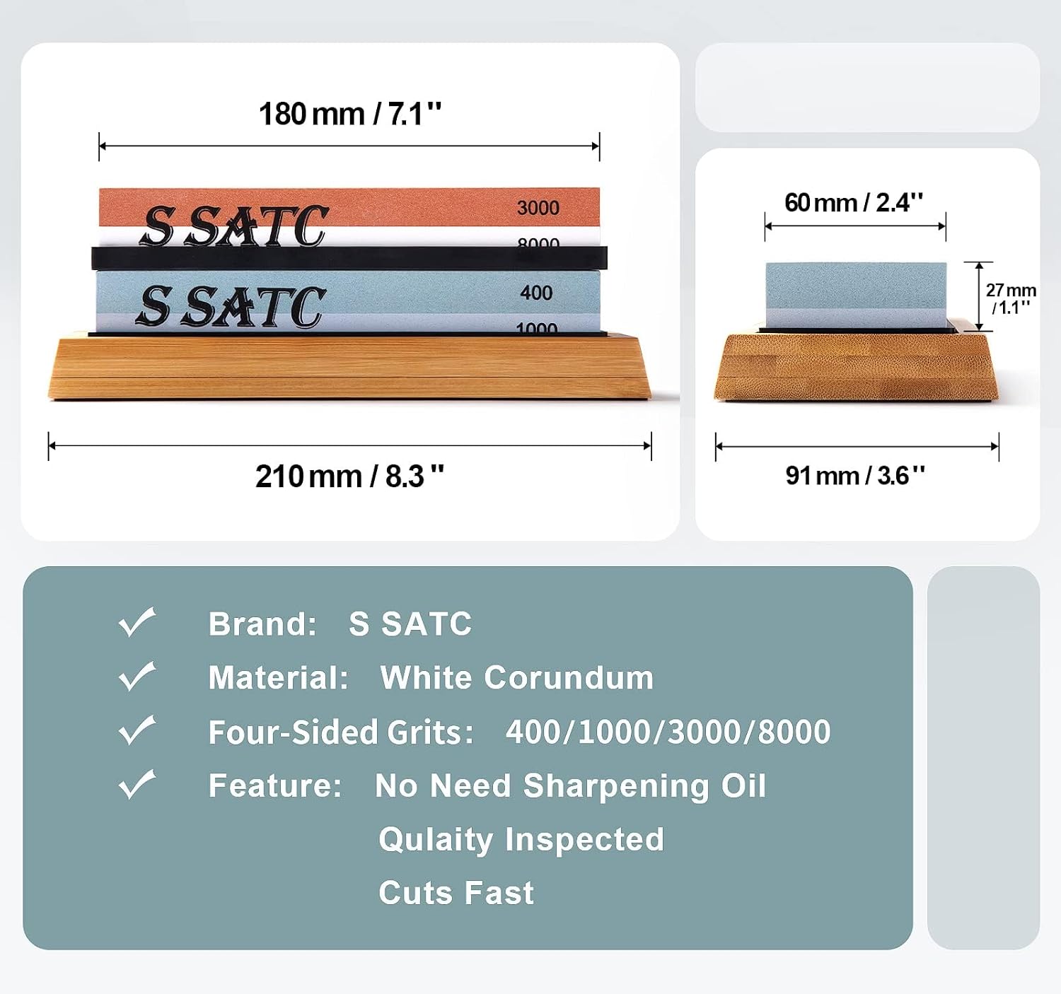 Knife Sharpening Stone Whetstone 4 Side Grit 400/1000 3000/8000 Stone Knife Sharpeners with Nonslip Rubber Bases