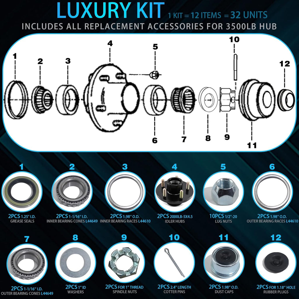 2 Sets Trailer Hub Kit 5 Bolt 4.5 L44649 Brearing and 1.25" I D Grease Seal,Trailer Axle Kit for 2000 lb 5 Lug