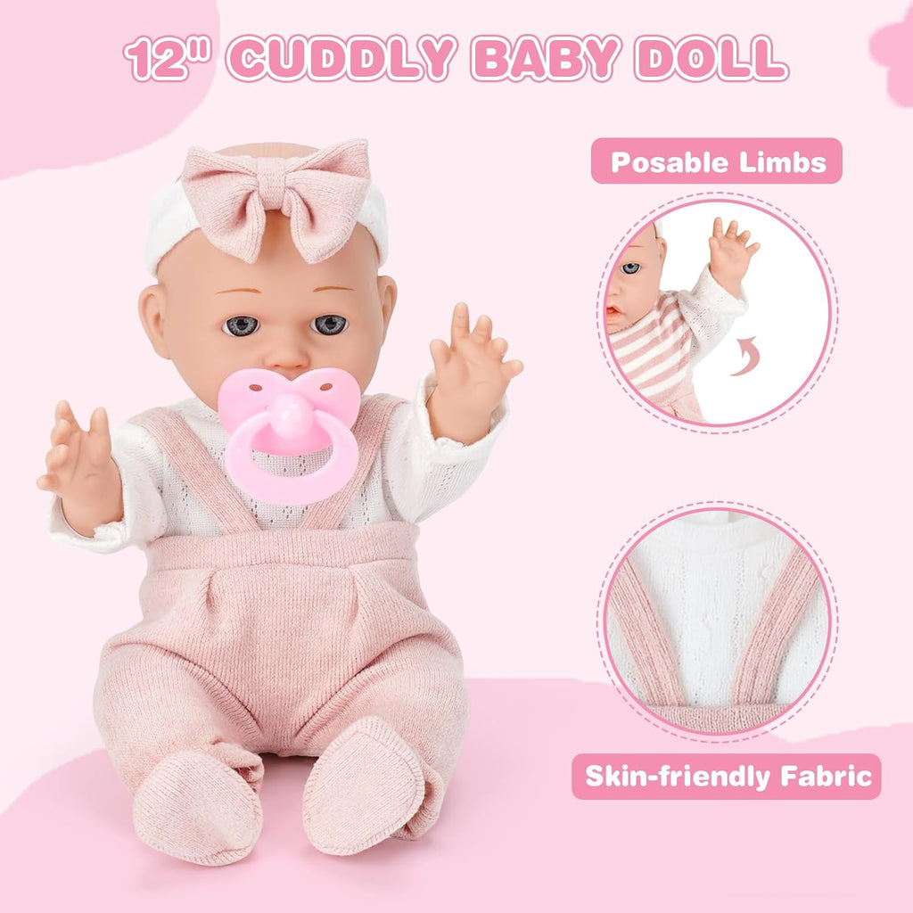12'' Baby Doll Playset with Carrier Bassinet Bed, 11PCS Baby Doll Accessories Includes Pacifier, Blanket, Pillow