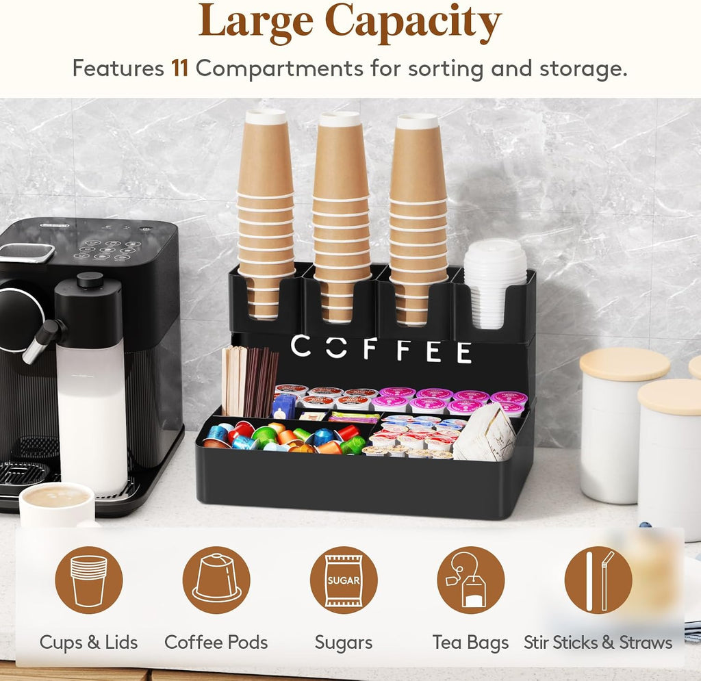 2-tier Coffee Station Organizer, 11 Compartments, Black, Plastic