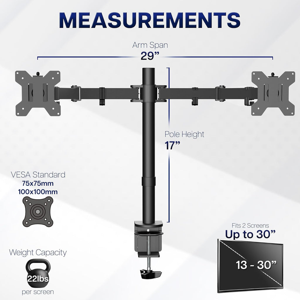 Dual Monitor Desk Mount, Holds 2 Computer Screens up to 30 inches and 22lbs Each, Heavy Duty Fully Adjustable Steel
