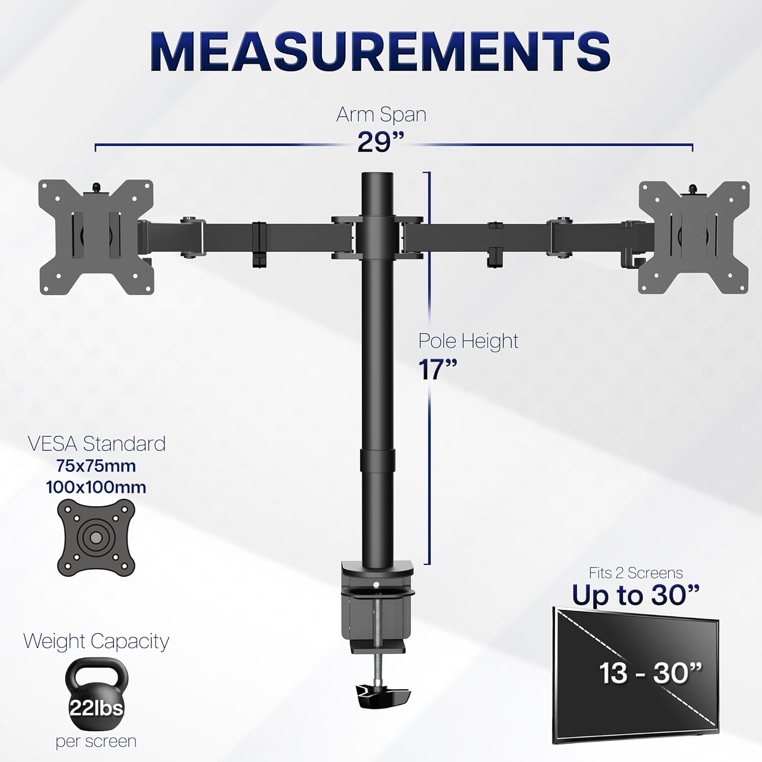 Dual Monitor Desk Mount, Holds 2 Computer Screens up to 30 inches and 22lbs Each, Heavy Duty Fully Adjustable Steel