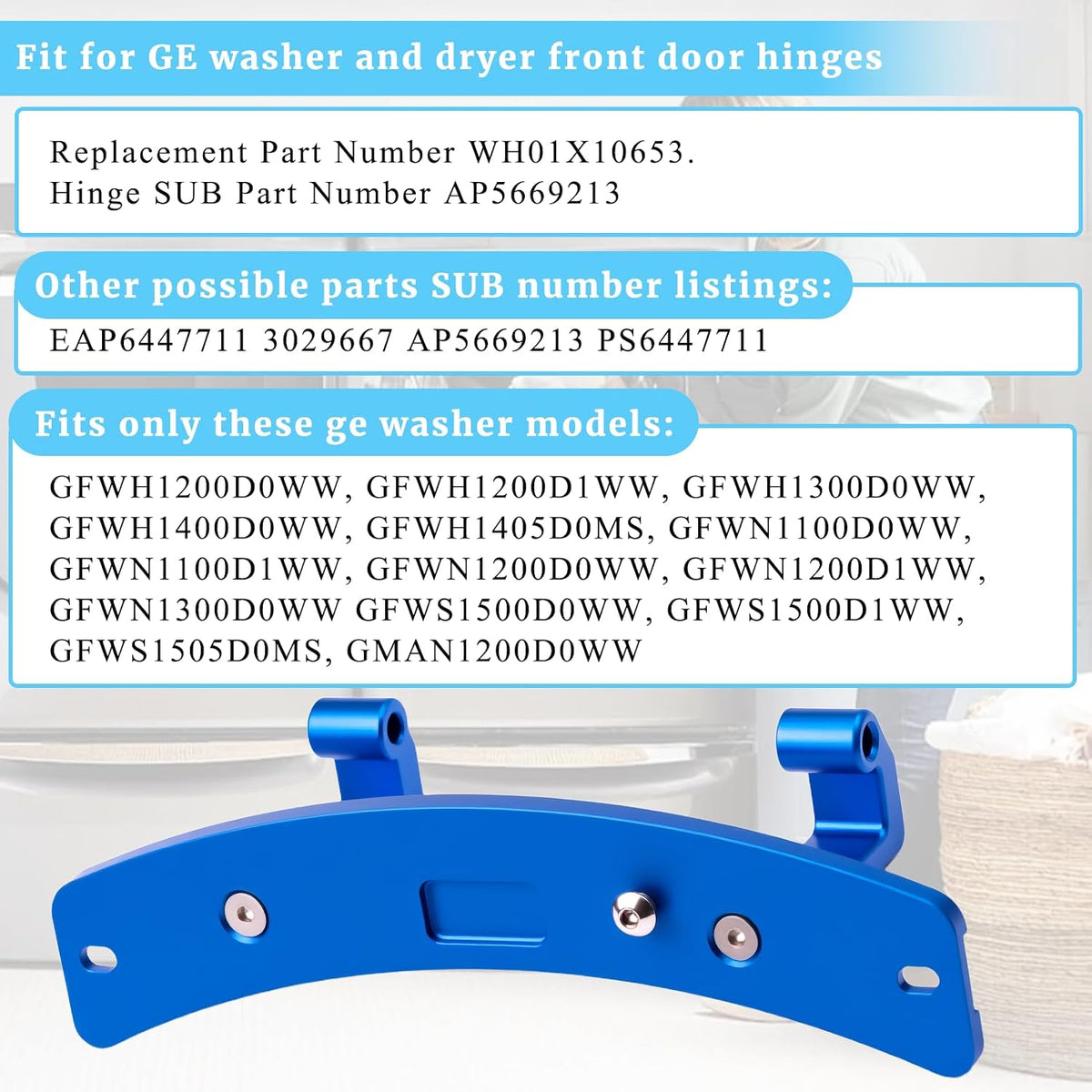 Washer Door Hinges Replacement Fit for GE Front Load Washing Machine Dryer Door Hinge Mount Part Number WH01X10653 Repair Door Sinking Unusual Noise Closing Seal Issue Solid Aluminum Blue