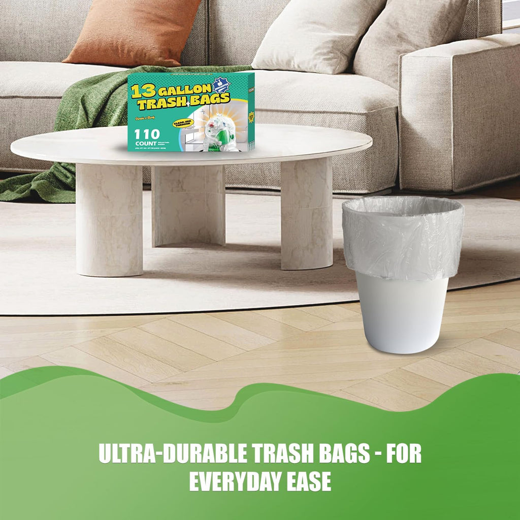 13 Gallon Tall Kitchen Trash Bags Unscented,1.1 Mil,Clear,110 Ct | Leakproof,Heavy Duty,Strong Garbage Can