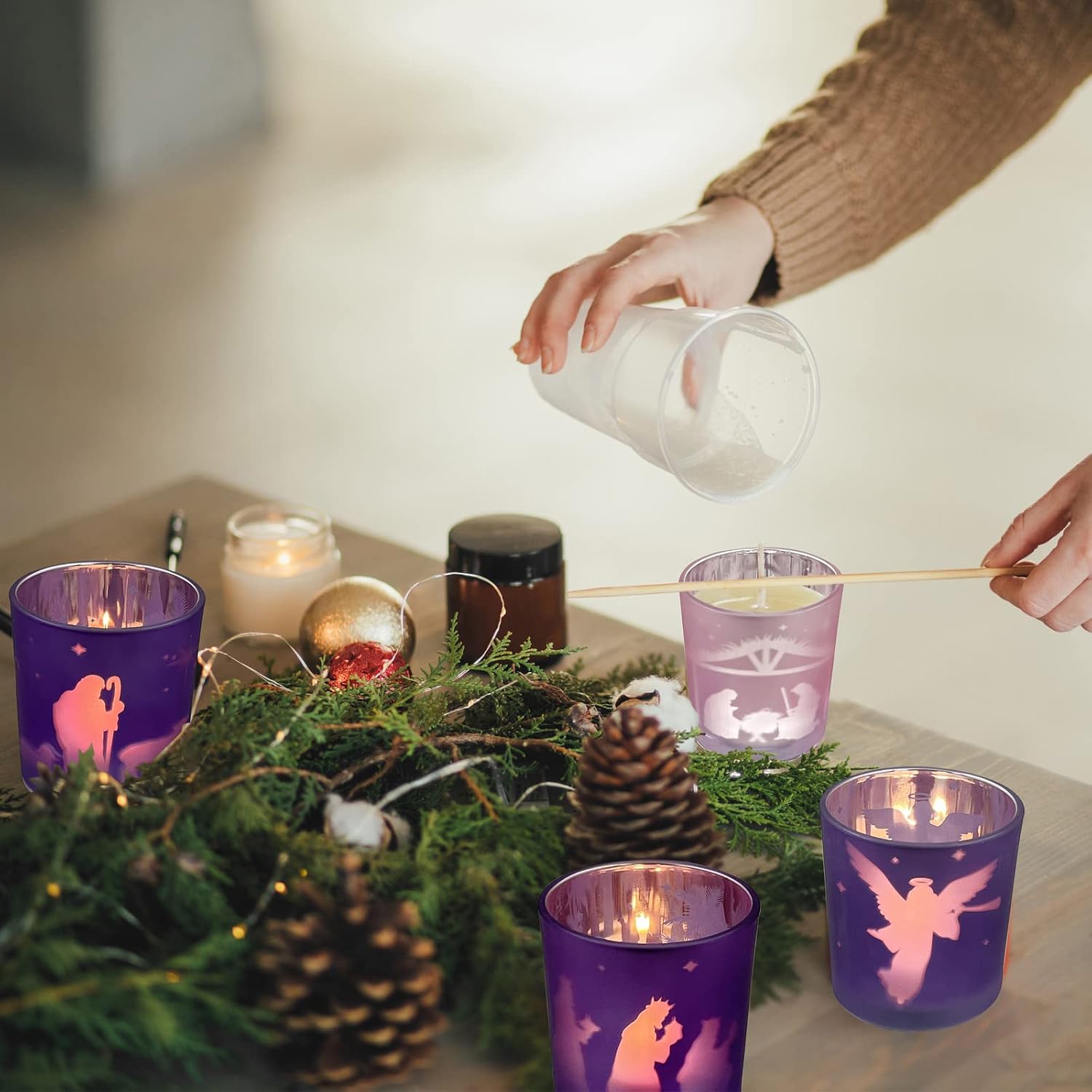 Advent Candle Holder Set of 4, Christian Decoration Votive Candle Holders, Glass Tealight Holders for Christmas Table