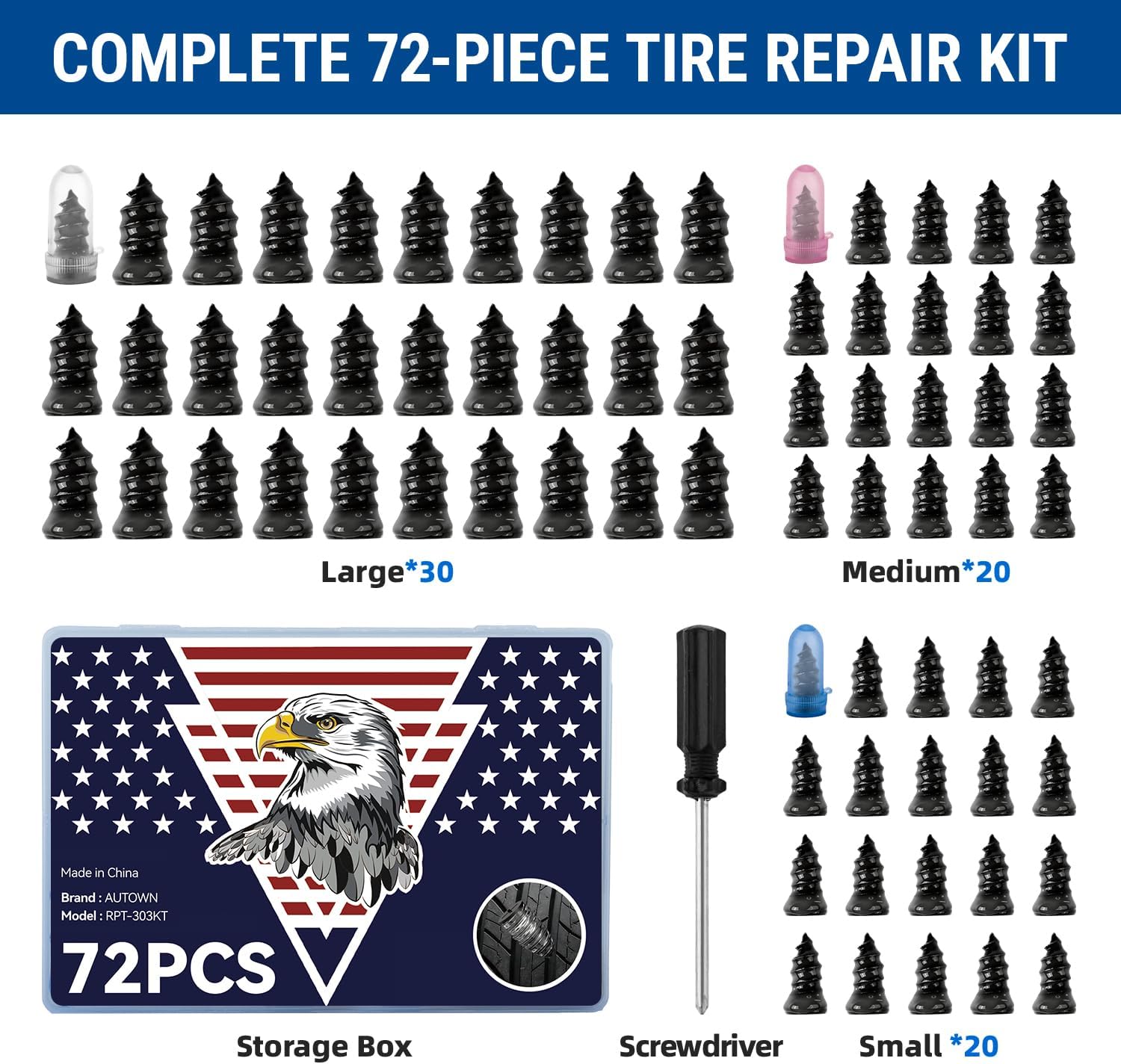 72PCS Tire Repair Rubber Nail Kit - Complete Set with 3 Sizes, Storage Box & Screwdriver