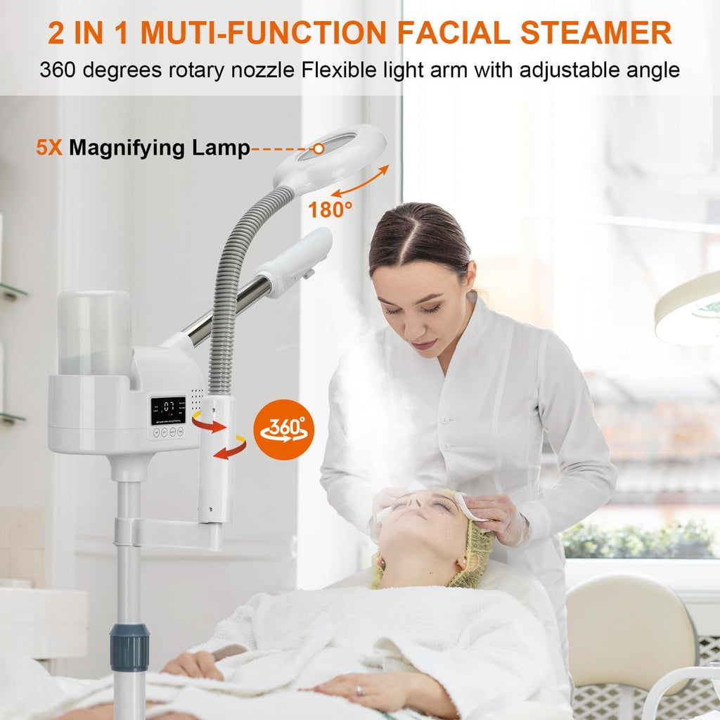 Professional Facial Steamer with 5X Magnifying Lamp, 2 in 1 Facial Steamer Upgrade PTC Heating, Esthetician Steamer