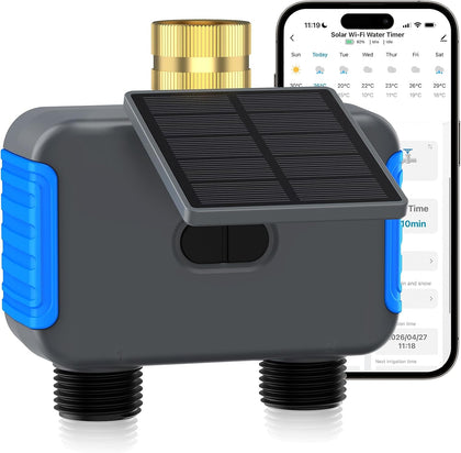 WiFi Solar Sprinkler Timer, 2 Zone Smart Bluetooth Hose Timers | Water Timer for Garden Hose with APP, Digital