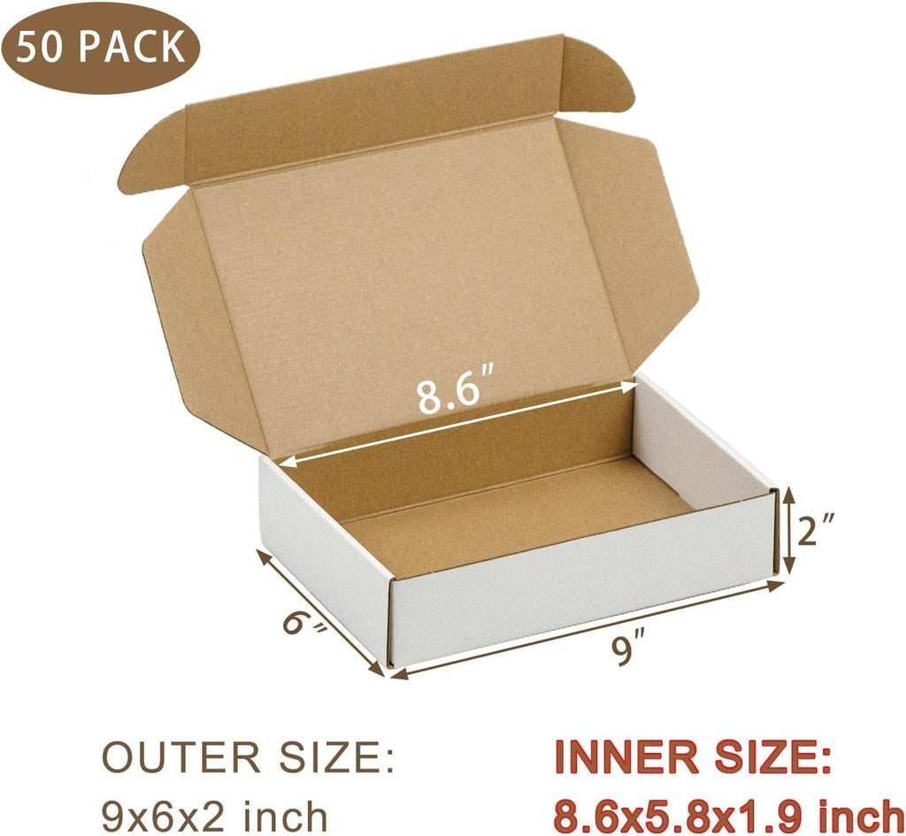 50 Pack 9x6x2 Inches Small Shipping Boxes, White Corrugated Cardboard Boxes, Moving Mailing Packing Box