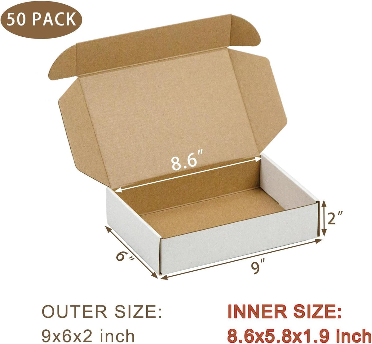 50 Pack 9x6x2 Inches Small Shipping Boxes, White Corrugated Cardboard Boxes, Moving Mailing Packing Box