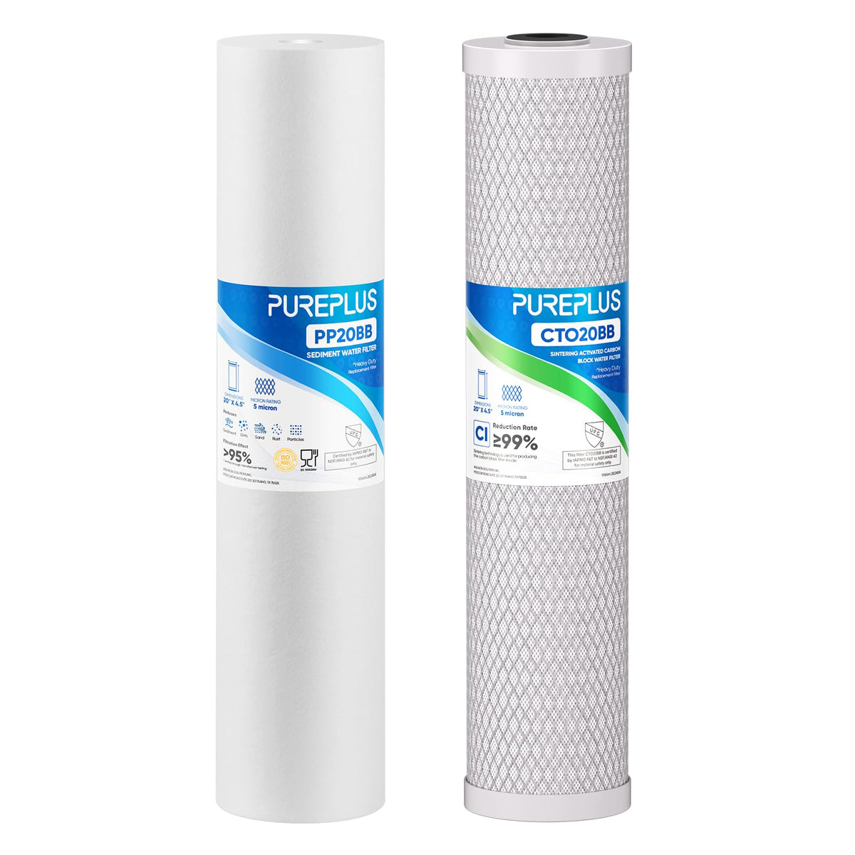 PUREPLUS 20"x4.5" Whole House Water Filter Kit, Sediment & Carbon, 1 Pack
