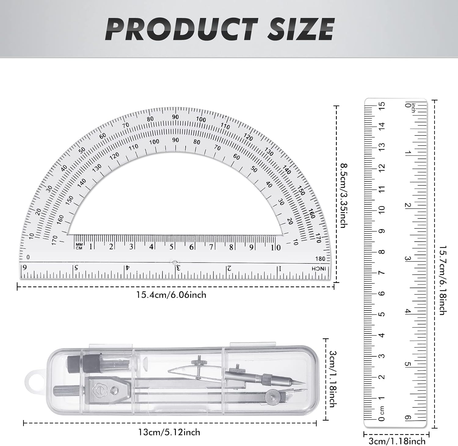 3 Pcs Plastic Ruler 6 Inch Protractor Drawing Compass Set, Student Geometry Math Transparent Measuring Tools for Home