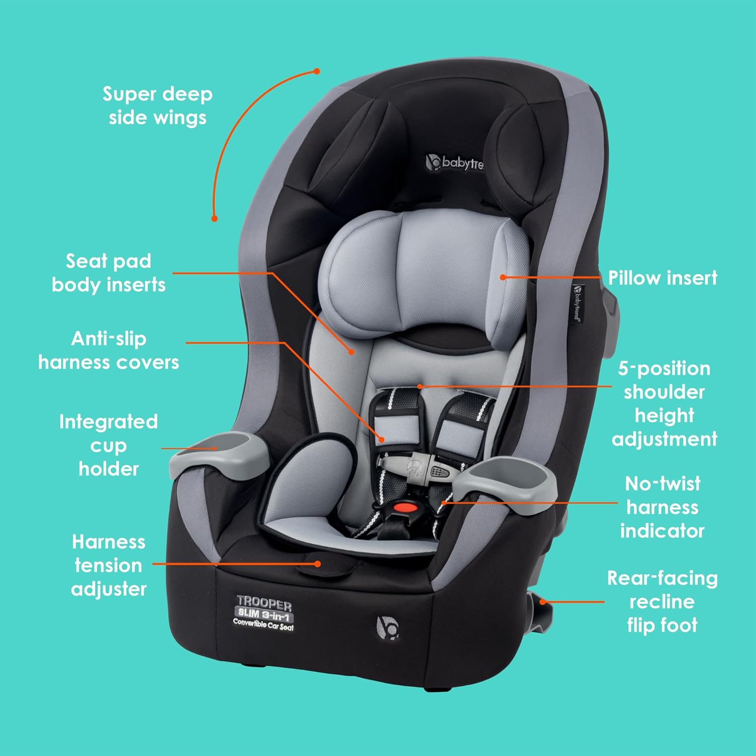 Trooper Slim 3-in-1 Convertible Car Seat, Dash Black – Slim Fit, 3-in-1 Growth Modes, Lightweight Design, Adjustable