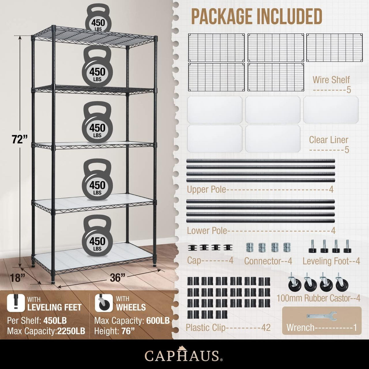 NSF Commercial Grade Heavy Duty Wire Shelving w/Wheels, Leveling Feet & Liners, Storage Metal Shelf, Garage Shelving