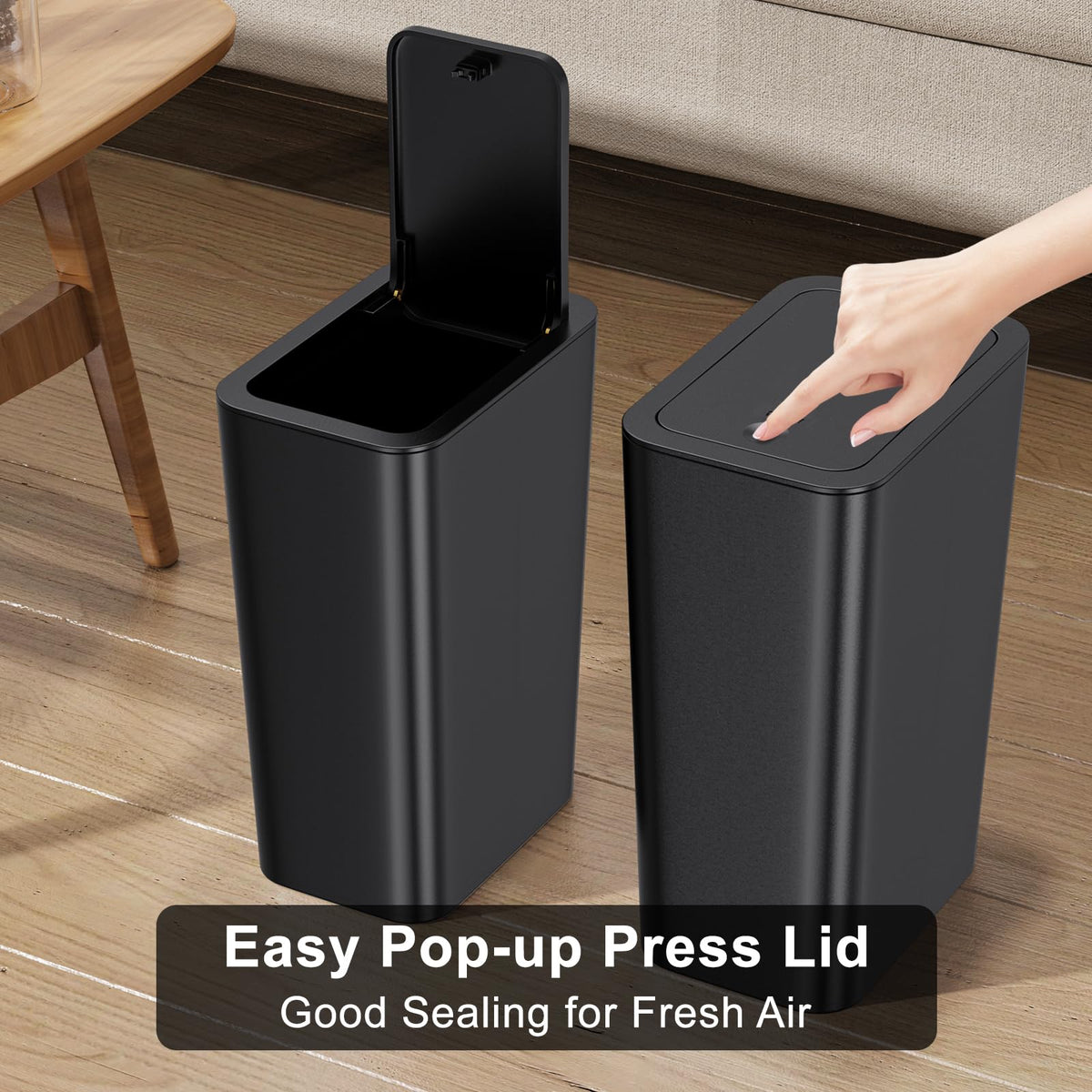 NETDOT 3 Pack 10 L/2.6 Gal Bathroom & Kitchen Trash Can with Press Type Lid, Black Slim Garbage Cans for Bathroom