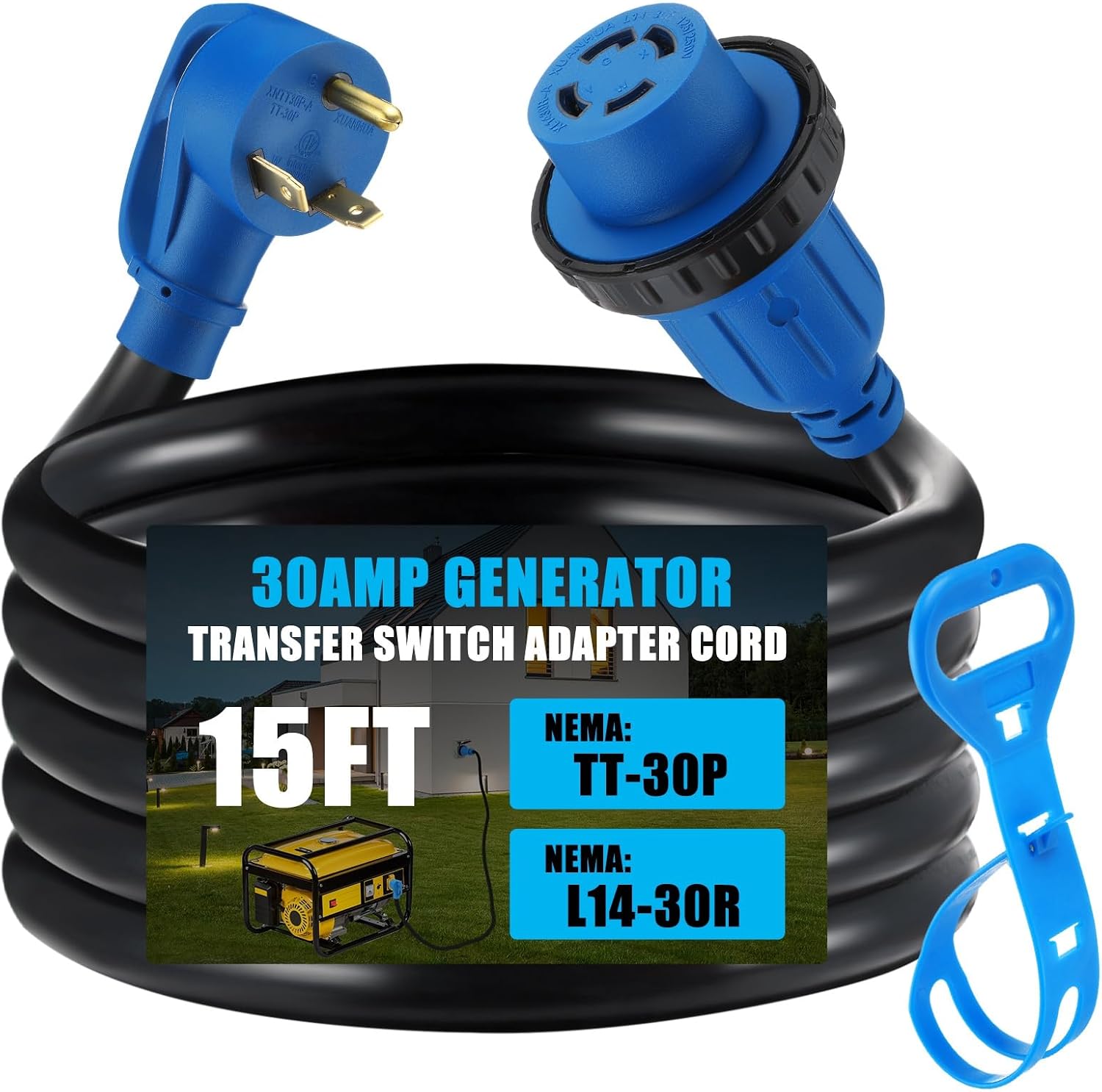15 ft NEMA TT-30P to L14-30R Generator Transfer Switch Adapter | 30 Amp TT-30P Male to L14-30R Female with Locking