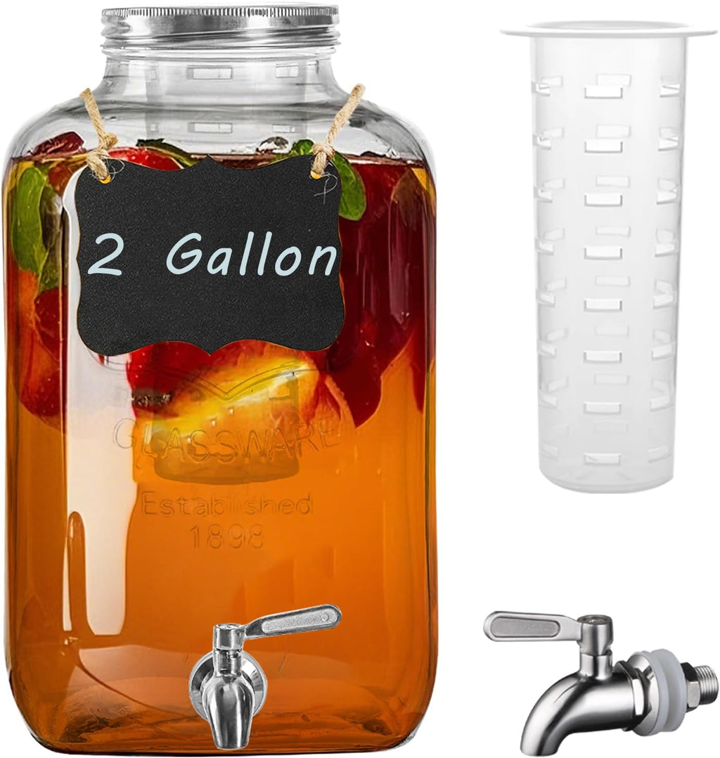 2 Gallon Glass Drink Dispenser with Stainless Steel Spigot,1 Pack Glass Beverage Dispenser Water Lemonade Dispensers