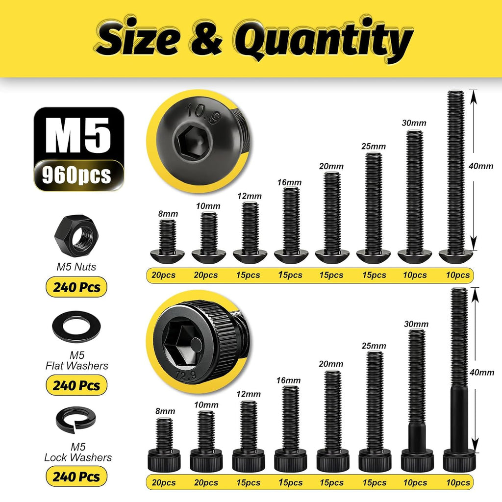 KADRICK 960PCS M5 Screws Assortment,Hex Socket Button & Cap Head M5 Bolts