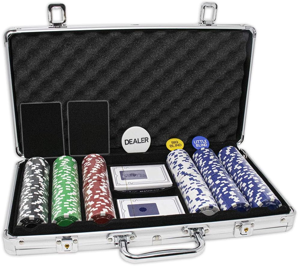 300 11.5 Gram Striped Poker Chip Set with 3 Dealer Buttons, 2 Decks of Cards, Case