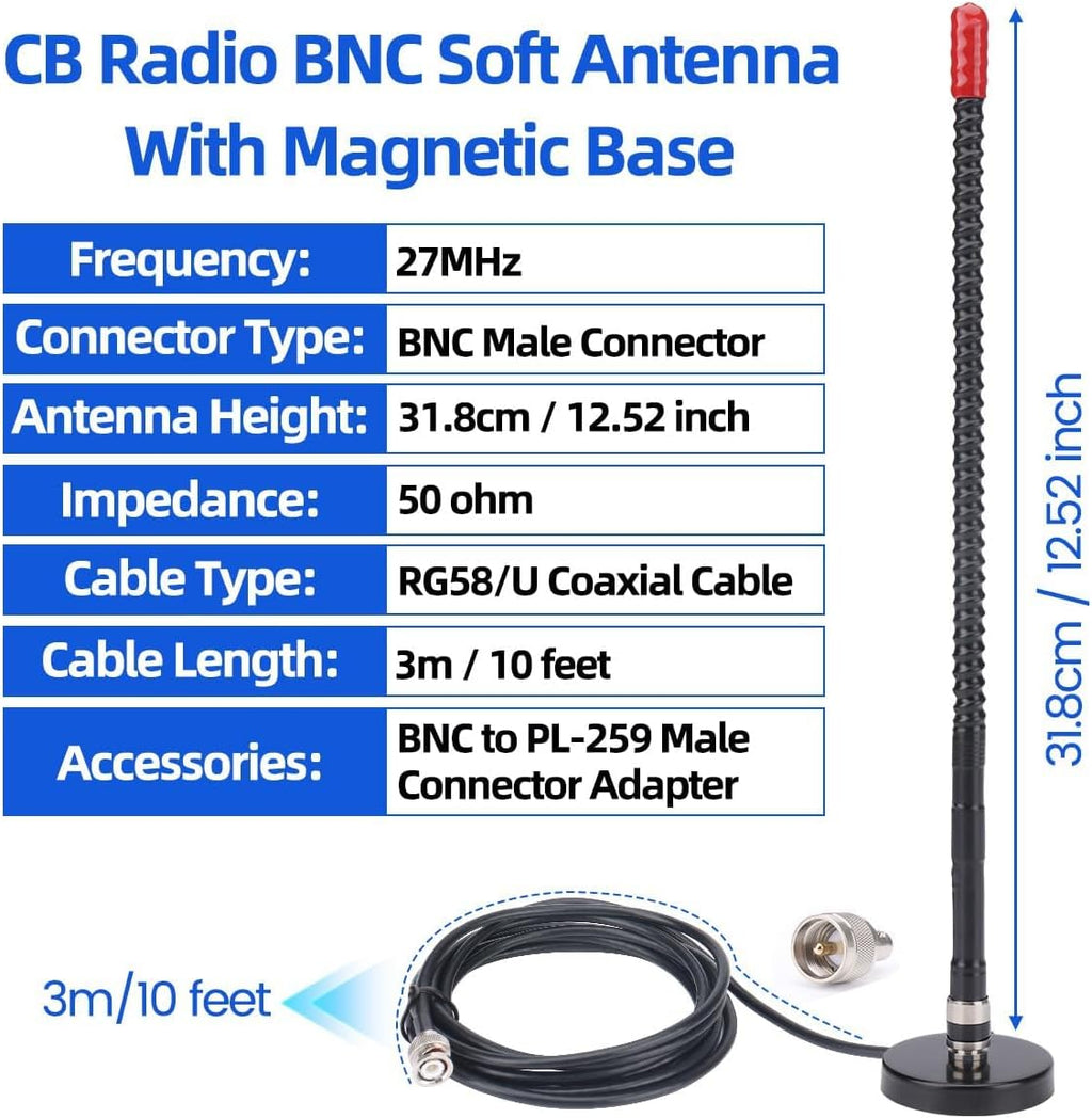 CB Radio Antenna Magnetic Mount Whip Soft 27MHz CB Antenna Kit with PL259 BNC Male Adapter Compatible with Cobra