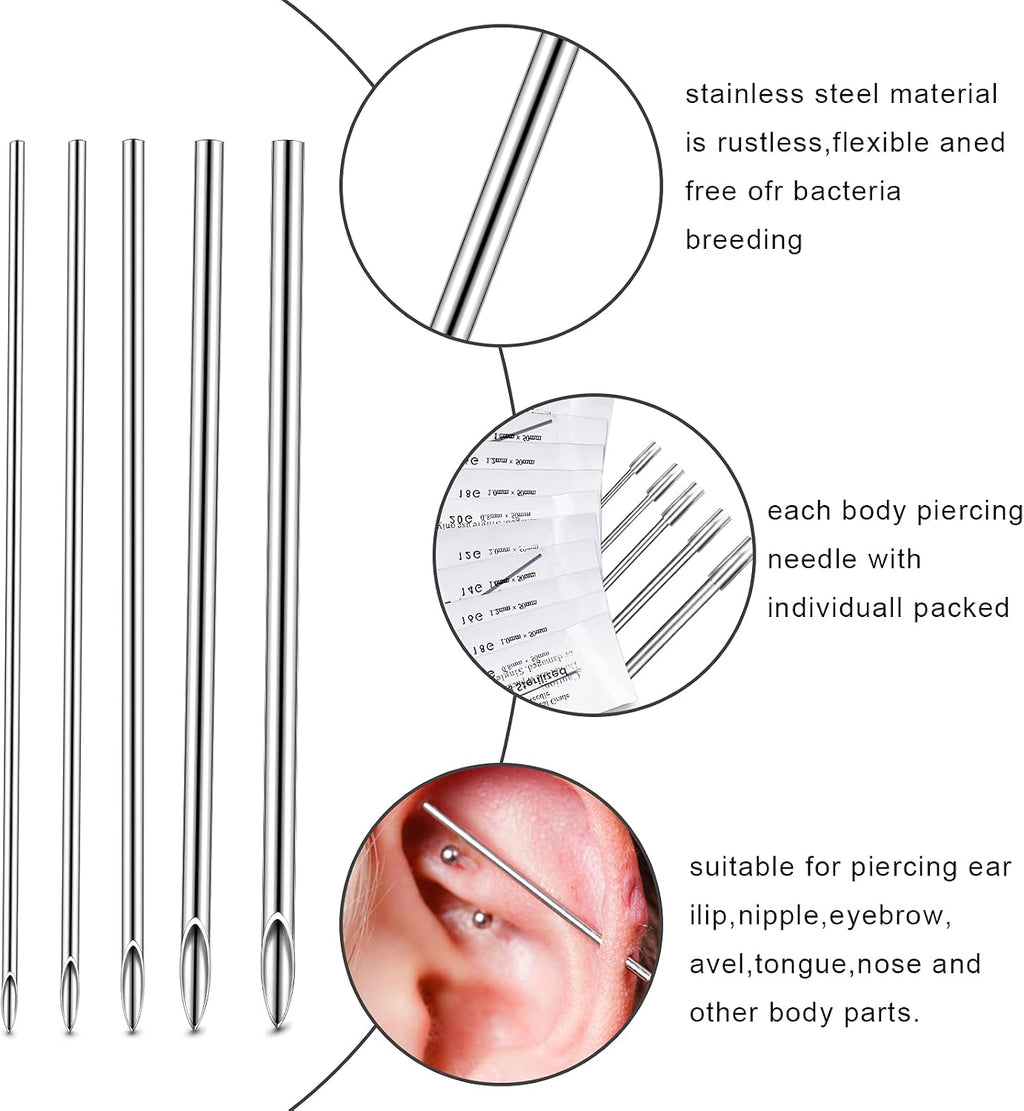 100 Pcs Ear Nose Body Piercing Needles Mix Size 12G 14G 16G 18G 20G Stainless Steel Piercing Jewelry Kit and 1 Pcs