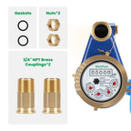 DN20 Vertical Water Meter with 3/4" NPT Couplings, Heavy Brass Cold Water Meter Measuring in Cubic,Water Meter with Pulse Output, ISO4064 Certification for Garden/Home/Apartment.