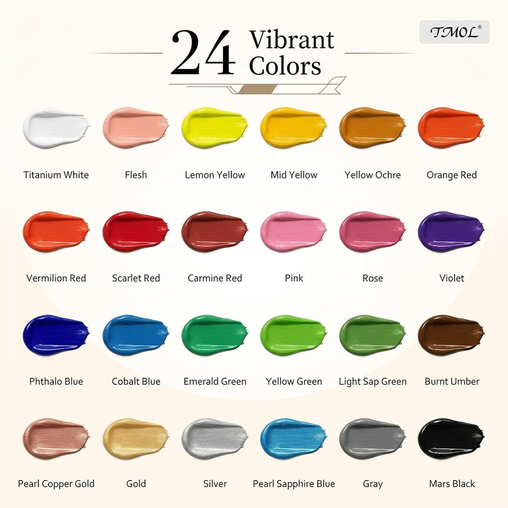 Acrylic Paint Set, 24 Colors (2 oz/Bottle) with 12 Art Brushes, Art Supplies for Painting Canvas, Wood, Ceramic &