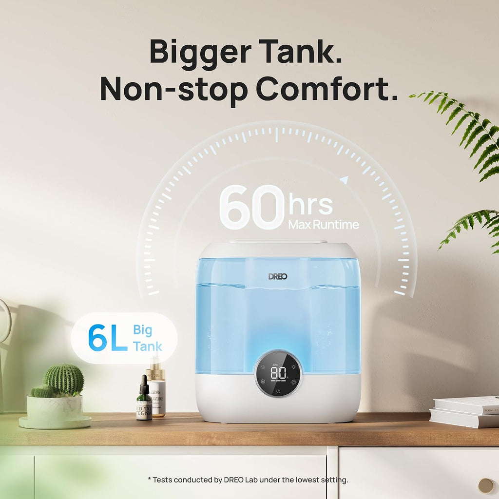 Humidifiers for Bedroom, 6L Top Fill Supersized Cool Mist Humidifier for Large Room, 60 Hour Runtime, Quiet