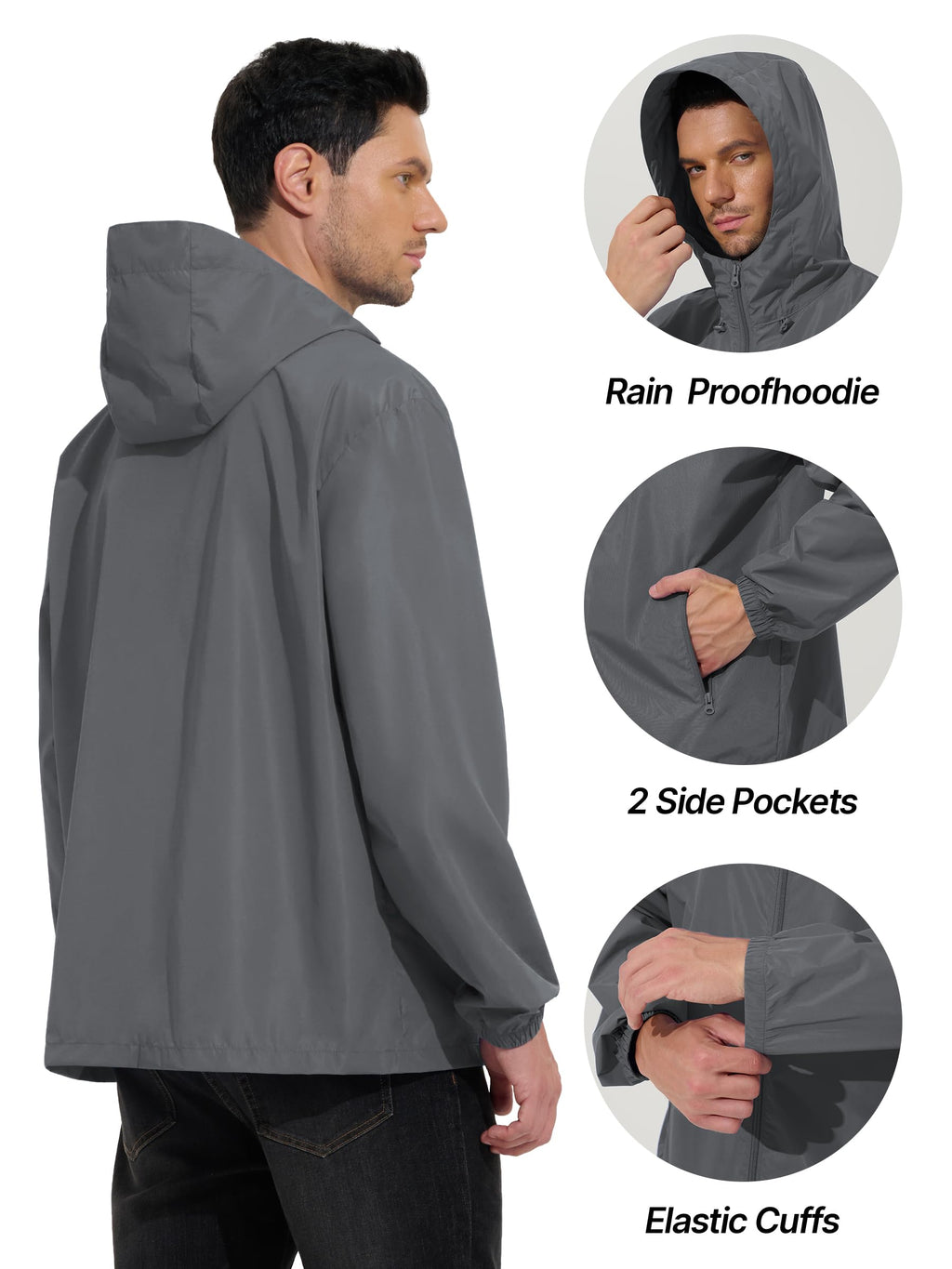 Mens Raincoat Waterproof Rain Jacket Grey XL