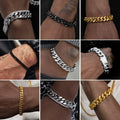 Stainless Steel Cuban Link Bracelet for Men, 5mm/7mm/9mm/12mm Width, 7.5"/8.3"/9" Length, Black/18K Gold Plated Chain