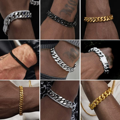 Stainless Steel Cuban Link Bracelet for Men, 5mm/7mm/9mm/12mm Width, 7.5"/8.3"/9" Length, Black/18K Gold Plated Chain
