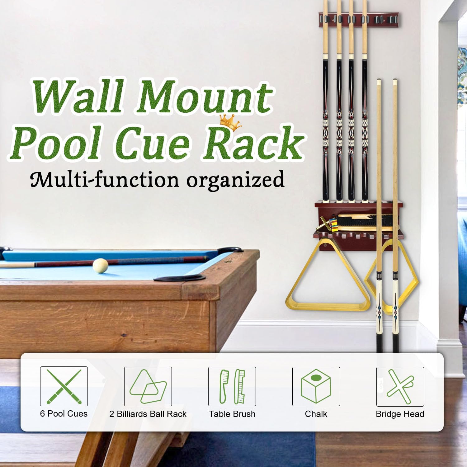 Hardwood Billiards Pool Cue Rack - Wall Mount Holder for 6 Cues, Sticks Storage and Table Accessories Organizer