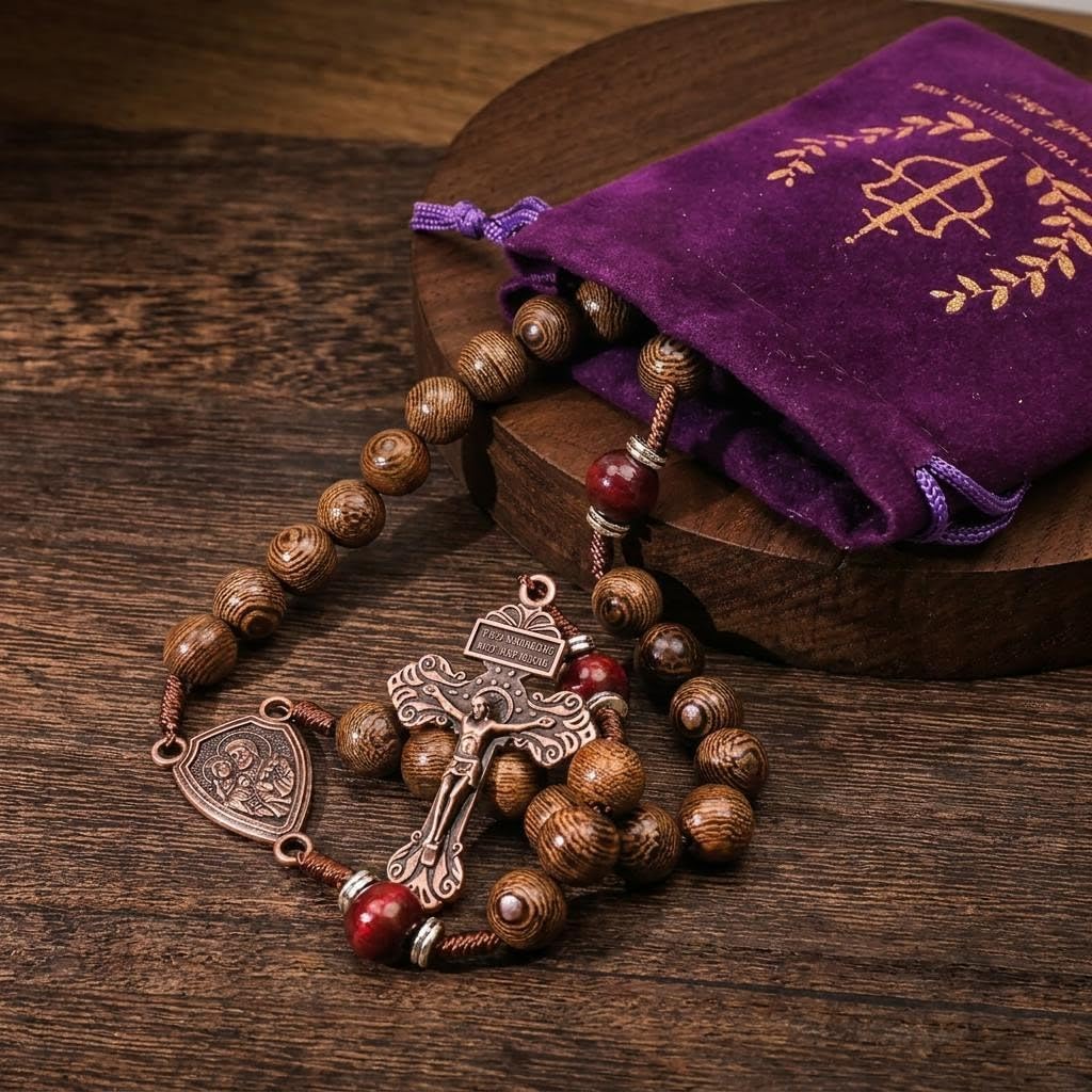 Nazareth Store Handcrafted Wooden Catholic Rosary Necklace with Antique Medal & Crucifix Cross Christian Prayer Beads
