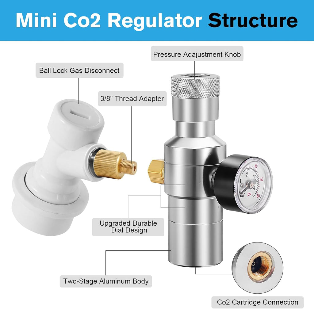 Ball Lock Keg Tap and 0-60PSI Mini Co2 Regulator Set | Stainless Steel Self-Closing Ball Lock Beer Faucet, Mini Beer