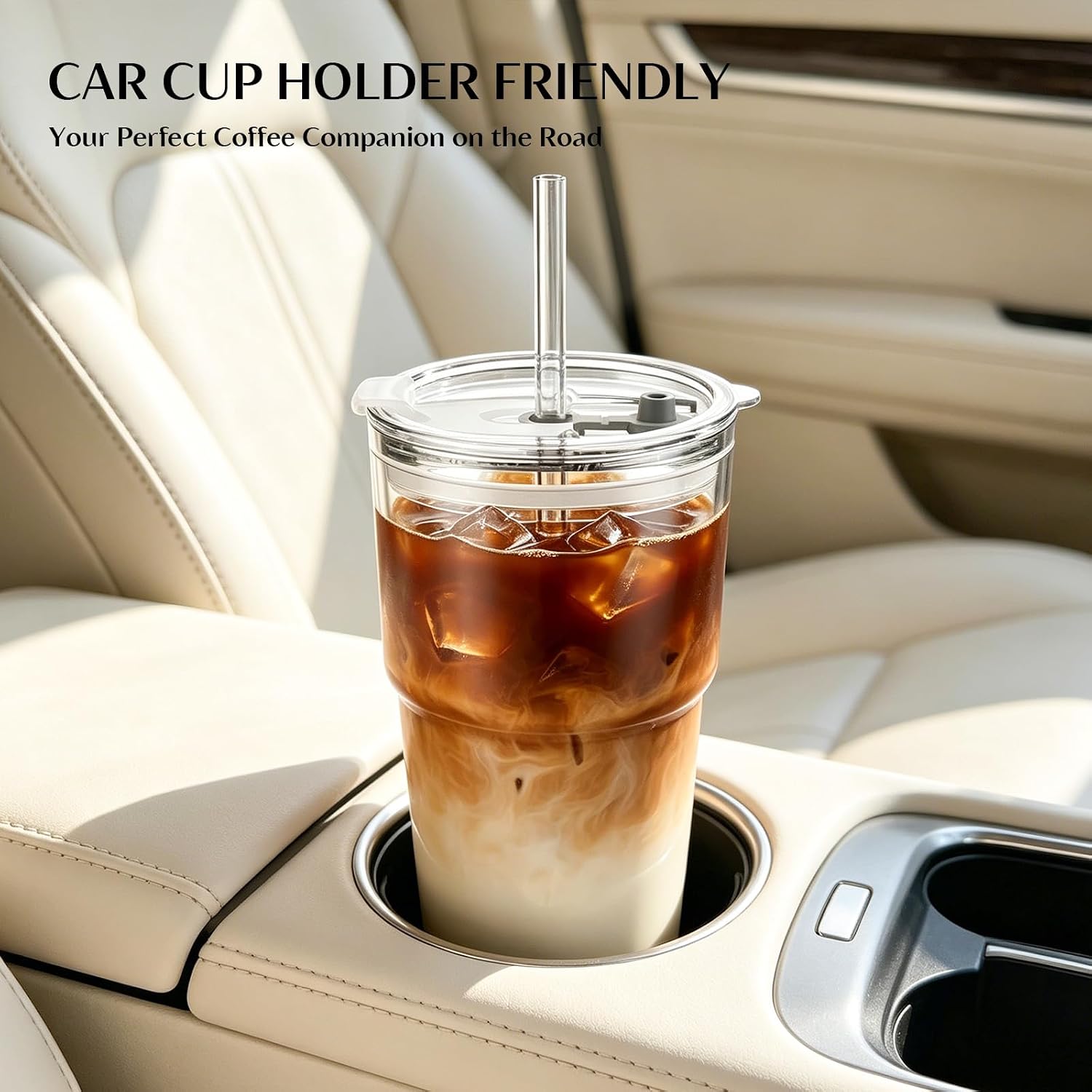 20 oz Clear Glass Cup with Lid and Glass Straw, Set of 2 Thickened Glass Coffee Tumblers, Drinking Glasses with Straw
