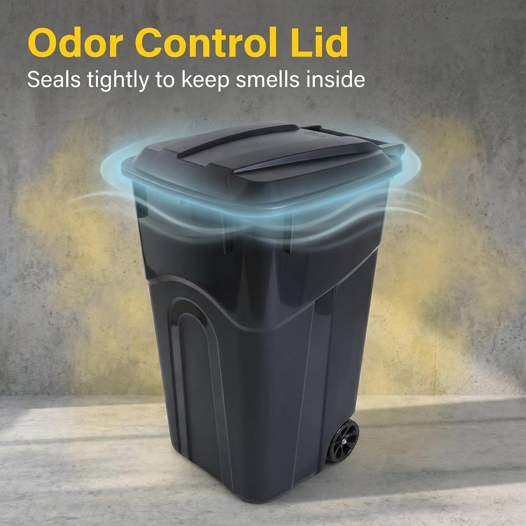 32-Gallon Wheeled Outdoor Trash Can - Heavy-Duty Black Garbage Bin with Secure Lid and Pull Handle for Yard, Patio