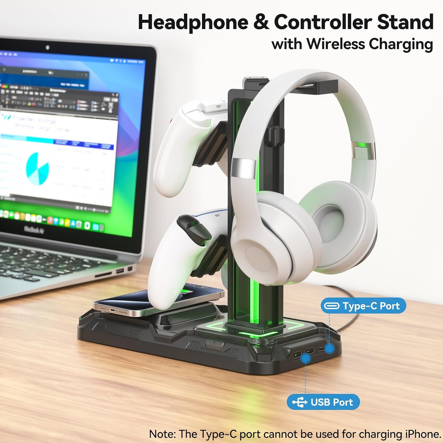 Headphone & Controller Stand with Wireless Charging - Rotatable Headset Stand with 9 Light Modes - Controller Holder