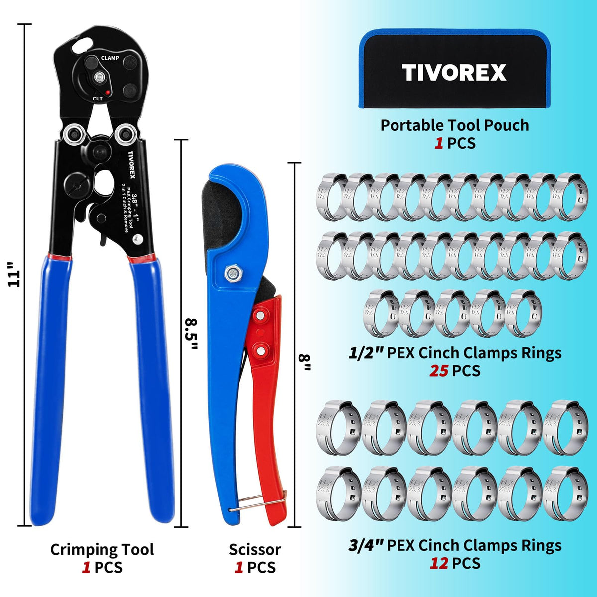 Tivorex PEX Crimping Tool Kit, Ratchet Pex Clamp Tool with Cinch & Removal