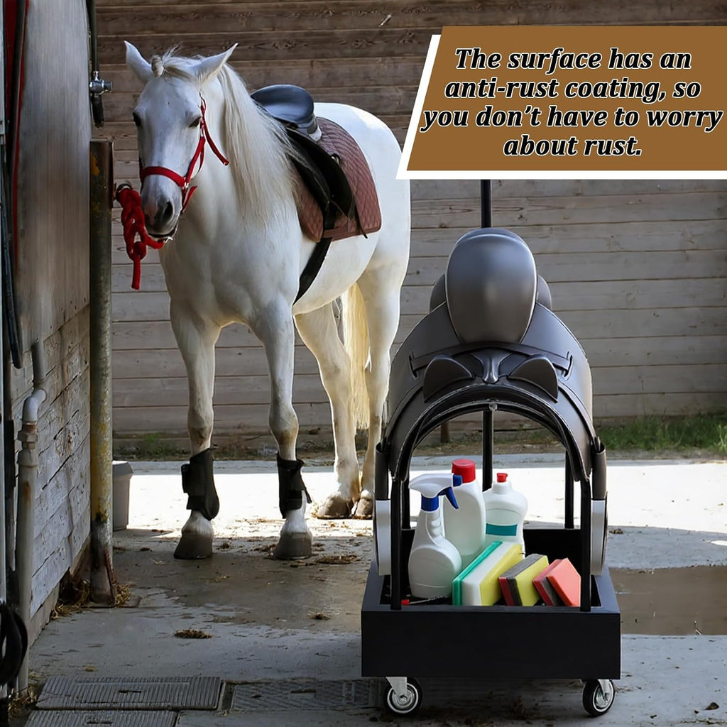 Metal Rolling Saddle Rack Cart with Basket Storage, 360° Wheels