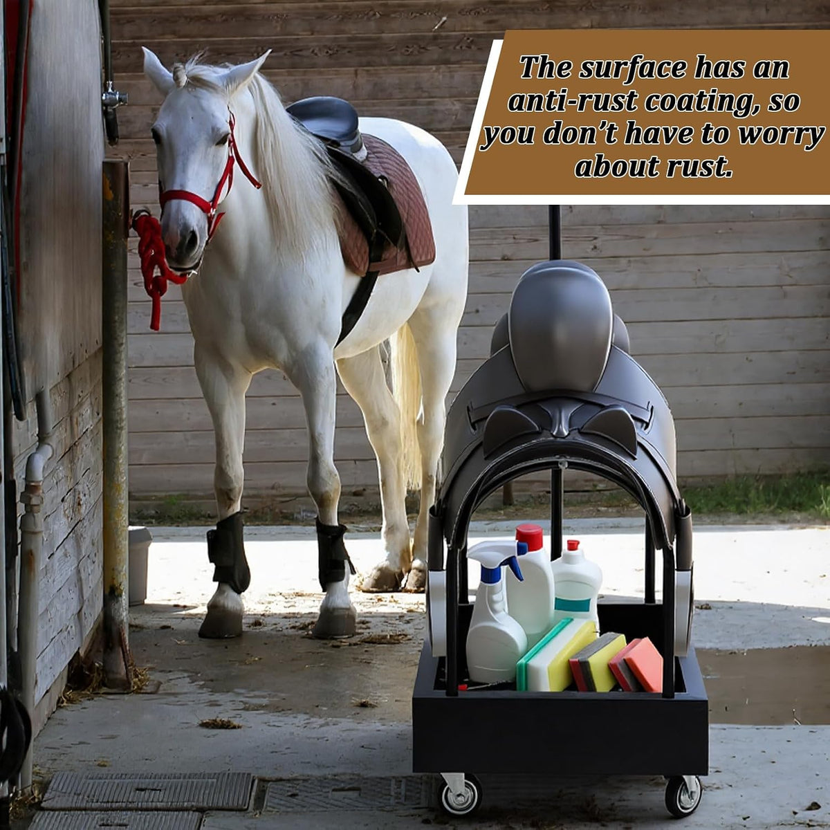Metal Rolling Saddle Rack Cart with Basket Storage, 360° Wheels
