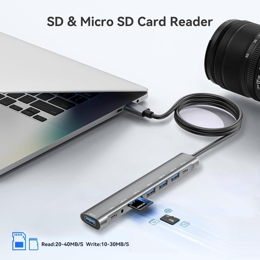 USB Hub Long Cable, 9 Ports USB 3.0 Adapter with 4 USB 3.0 Data Ports,SD/TF Card Slot,3.5mm Jack,USB-C Data,USB