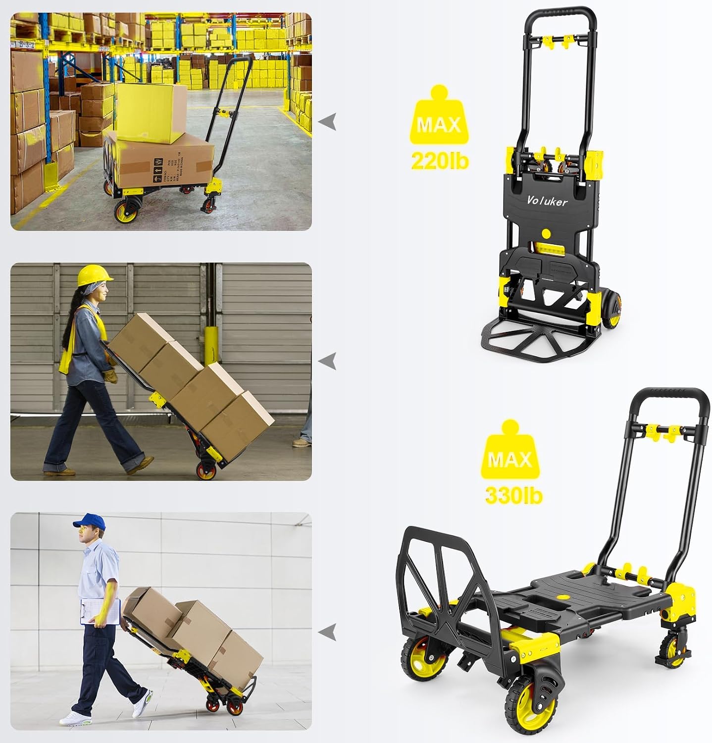 2-in-1 Foldable Hand Truck Dolly,330lb Cart Retractable,4& 2 Wheel,Yellow | Aluminum alloy,5in flat-free rubber