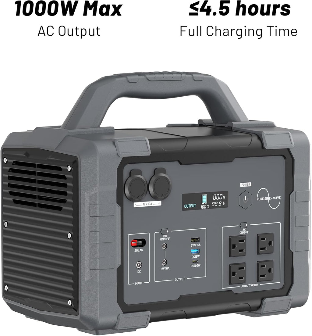 1000W Portable Power Station 1024Wh LiFePO4 for Outdoor & Home | Solar Generator (2000W Peak) Backup Battery, 60W