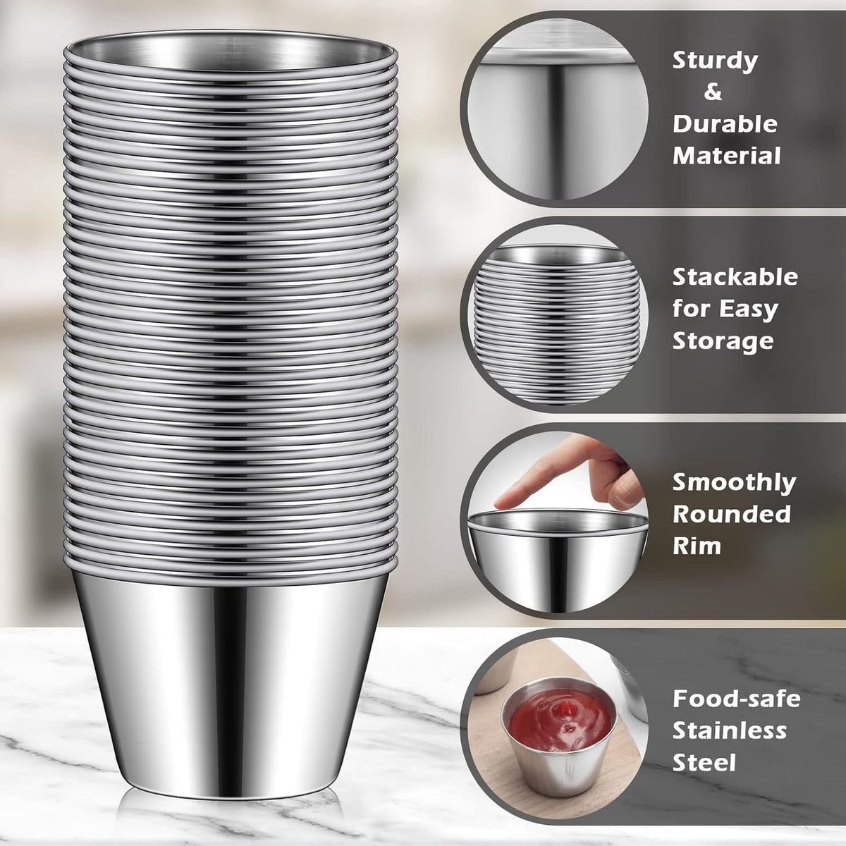 100 Pcs Metal Ramekins Stainless Steel Sauce Cups Bulk,2.2 Oz